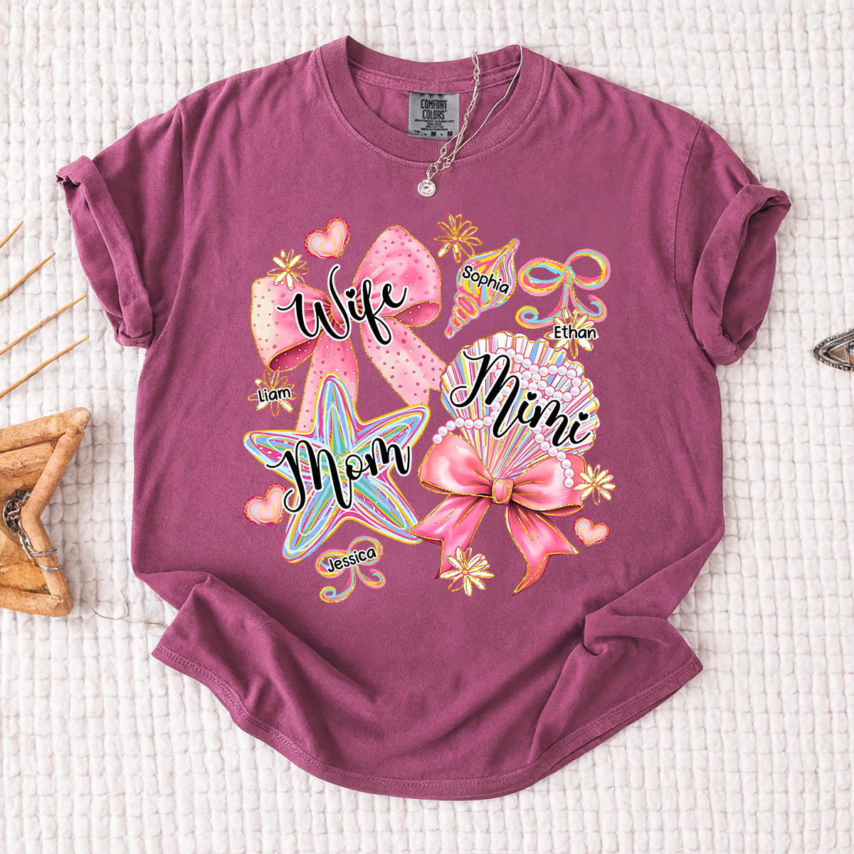 Comfort Colors Personalized Wife Mom Mimi Beach Shirt with Grandkids Names, Custom Grandma Coastal T Shirt for Women, Summer Family Vacation Gift