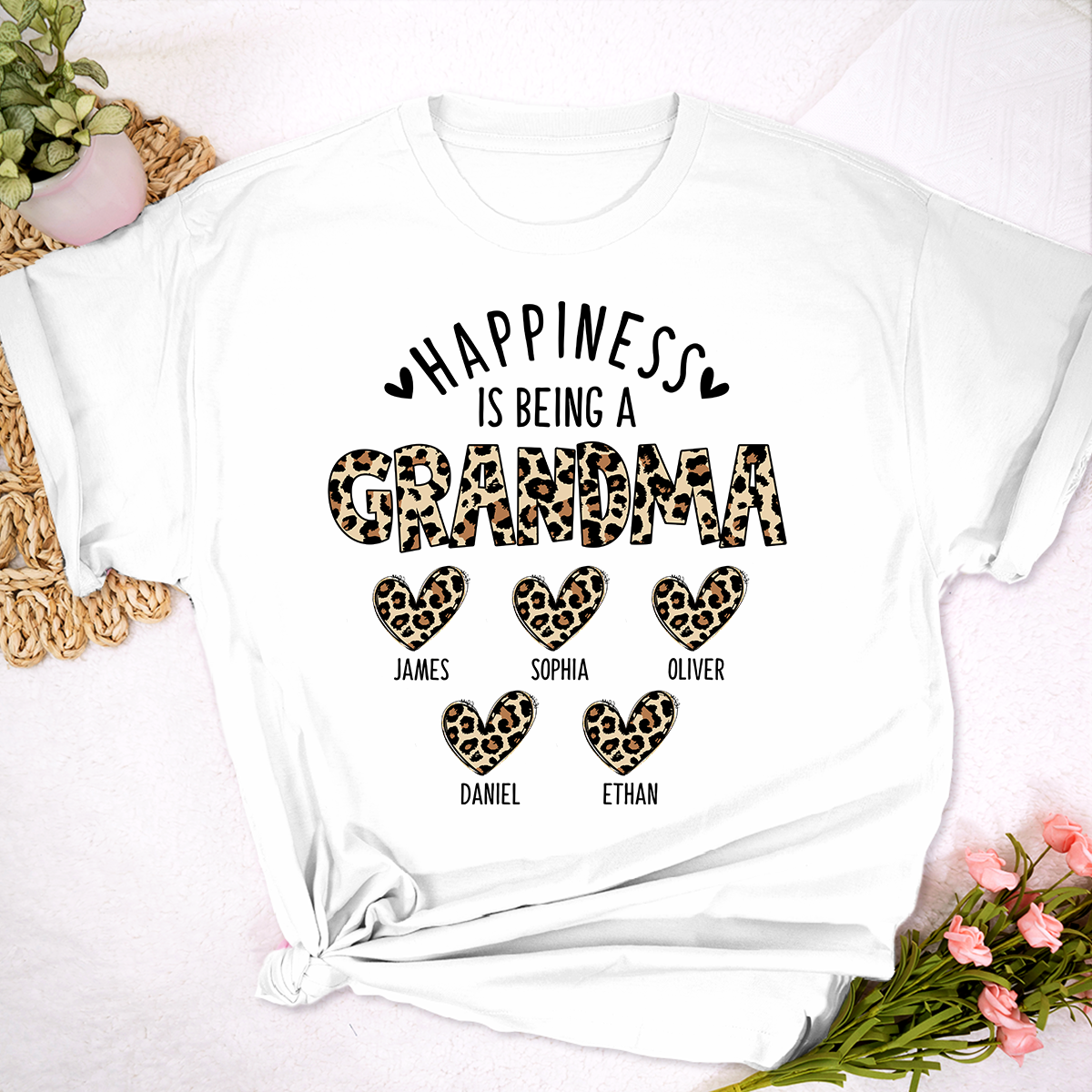 Happiness Is Being a Grandma Tee, Custom Grandma Shirt with Grandkids Names, Leopard Print Hearts Design