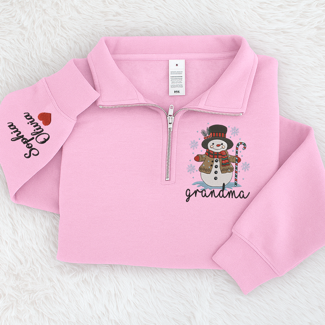 Personalized Grandma Christmas Quarter Zip, Custom Embroidered Snowman Sweater