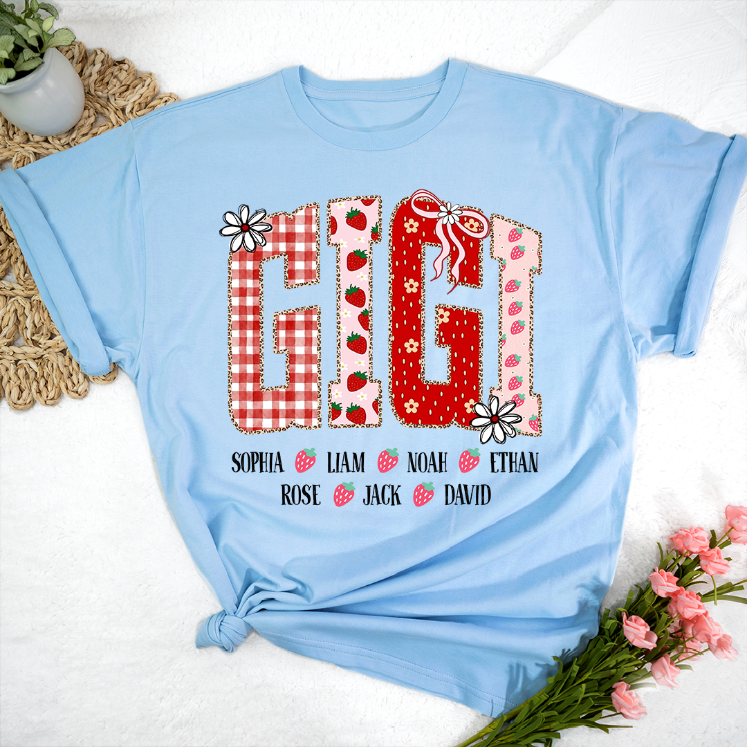 Gigi Personalized Grandma T-Shirt With Strawberry And Flower Motifs, Bearing Her Grandchildren's Names