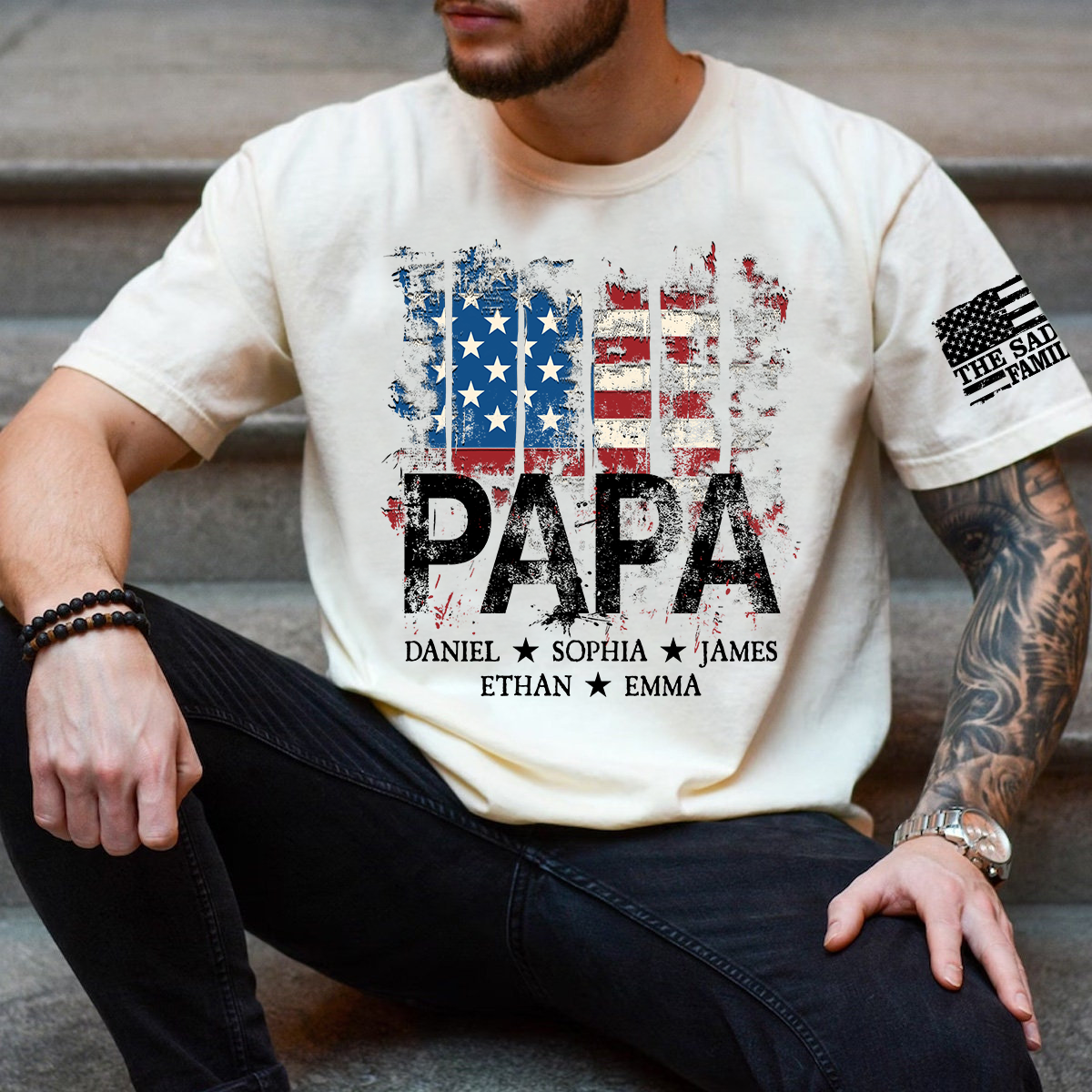 Personalized Papa Shirt for 4th of July – American Flag Custom Dad Gift with Family Name and Kids Names
