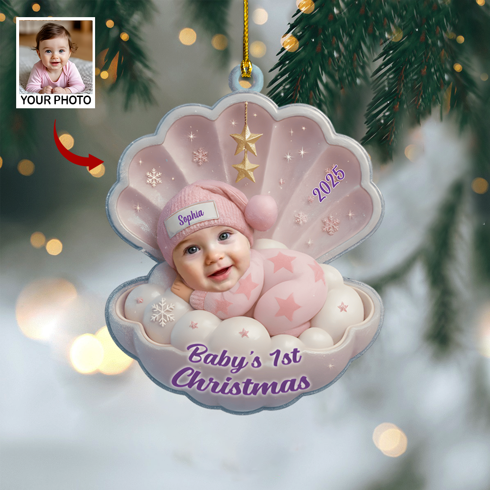 Custom Baby Ornament 2025 – Baby’s First Christmas Shell Ornament, Personalized Name Gift for New Parents Ornament