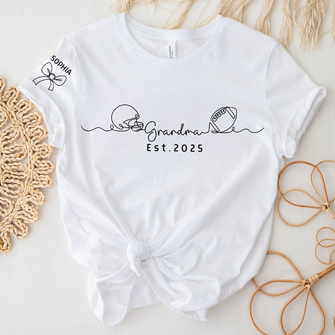 Custom Grandma T Shirt, Football Line Art For Gift Grandma And Kids Est. 2025