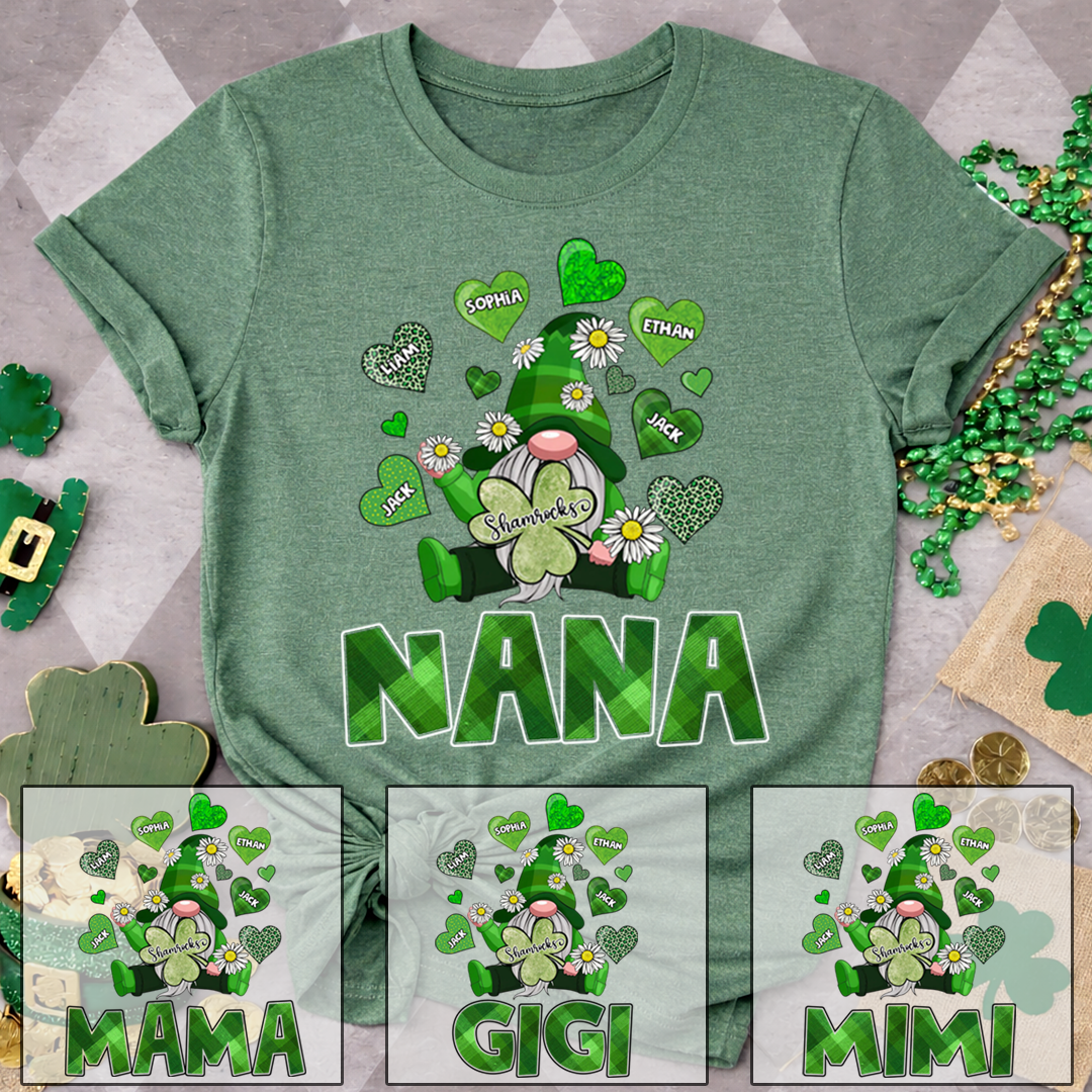 Nana Shamrock Shirt for St Patrick’s Day, Personalized Family Gnome T Shirt, for Grandma and Kids