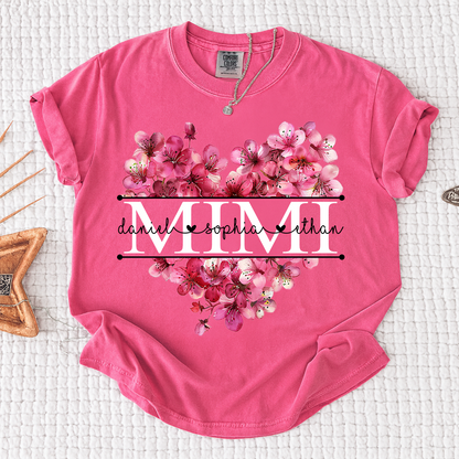 Comfort Personalized Mimi Shirt with Grandkids Names, Pink Floral Heart Family T Shirt