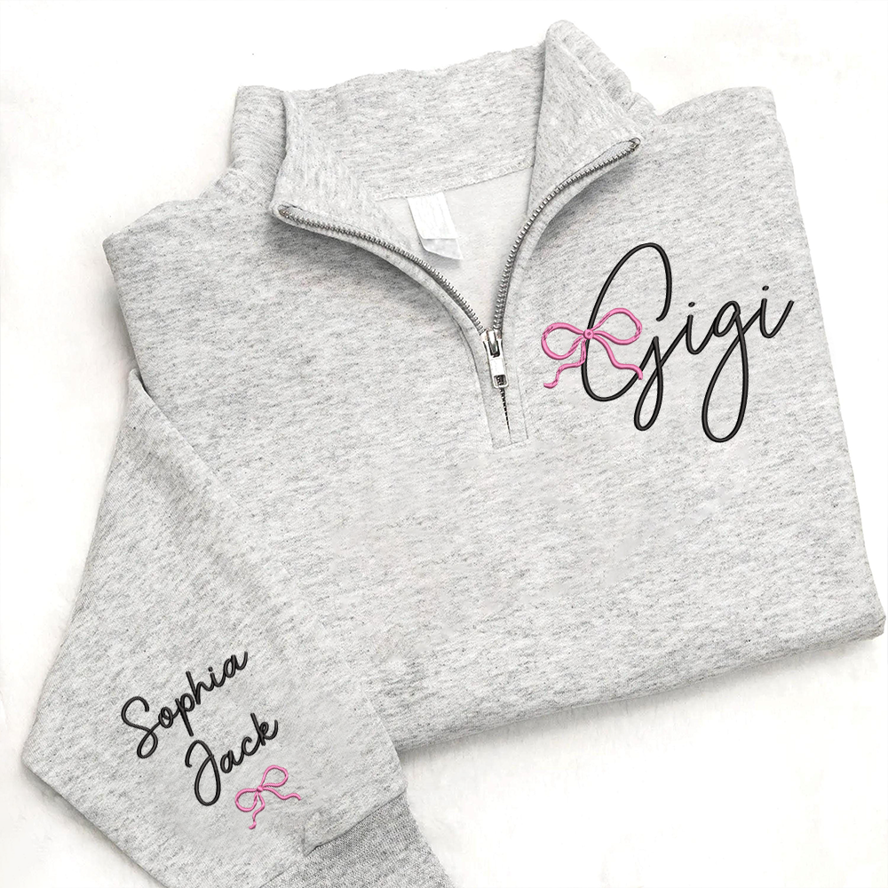 Custom Gigi Embroidered Quarter Zip – Personalized Sweatshirt For Grandma Or Gigi With Kids Names And Pink Bow Design