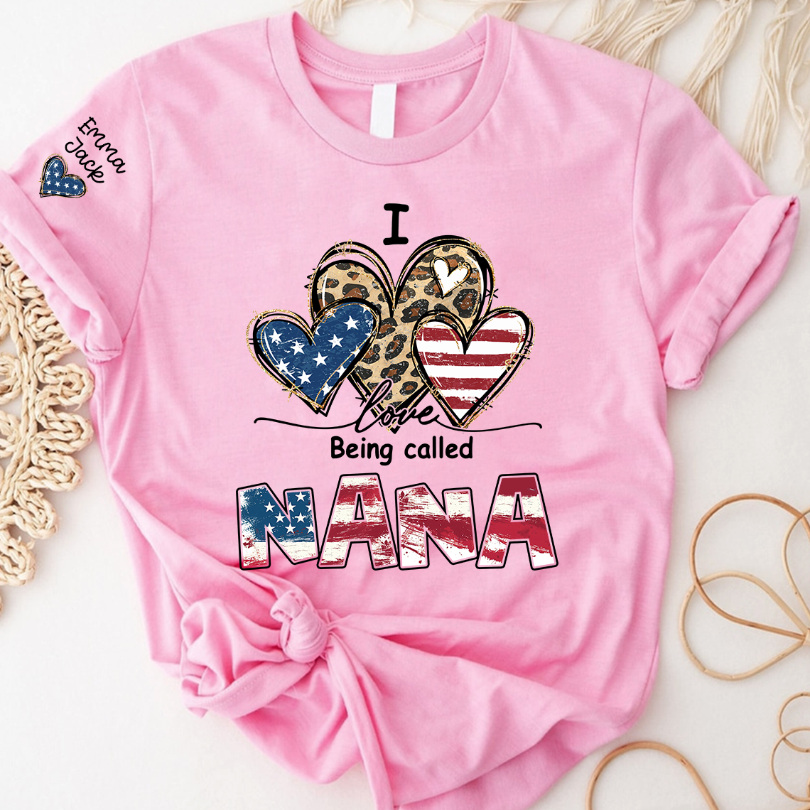Custom I Love Being Called Nana Flag Heart T-shirt, Grandma Shirt with Kids, Mother's Day Gift for Grandma