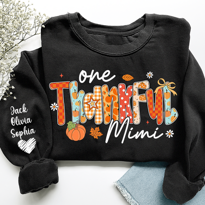 Personalized One Thankful Mimi Sweatshirt – Fall Pumpkin Design with Grandkids’ Names on Sleeve