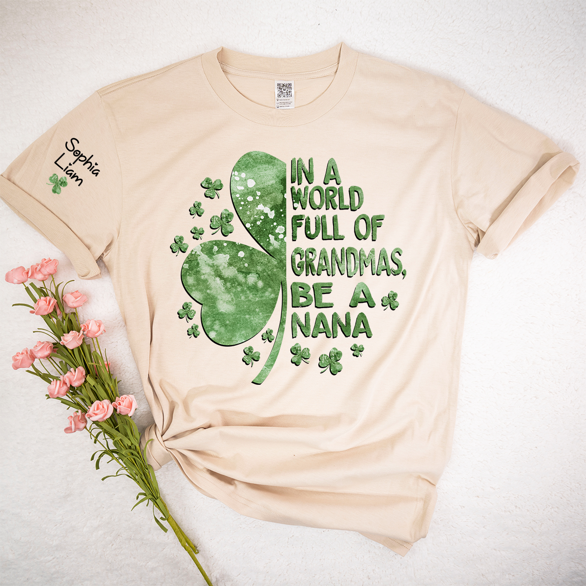 In A World Full Of Grandmas Be A Nana Shirt, St Patrick’s Day Nana Shirt With Shamrock, Personalized Grandma Shirt With Kids Names