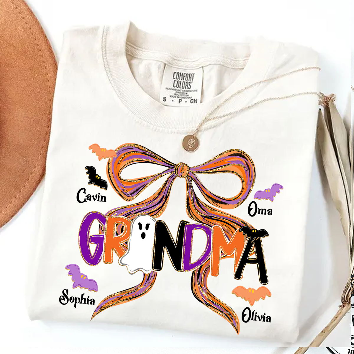 Comfort Colors® Personalized Halloween Grandma T-Shirt, Cute Ghost & Bat Design with Grandkids' Names