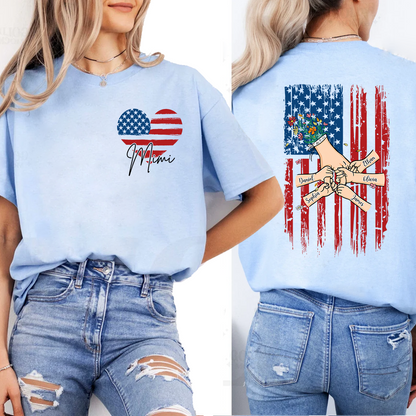 Custom Mimi T Shirt with USA Flag Heart, Personalized Grandma Shirt with Family Names on Back