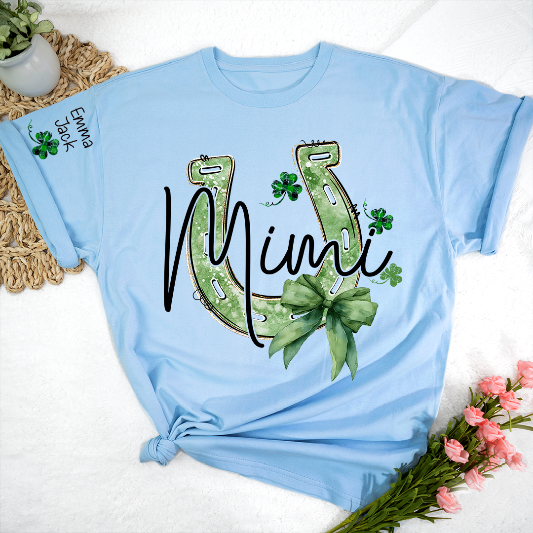 Mimi St Patrick’s Day Shirt, Lucky Horseshoe Shamrock Family T Shirt, With Grandma And Kids Names