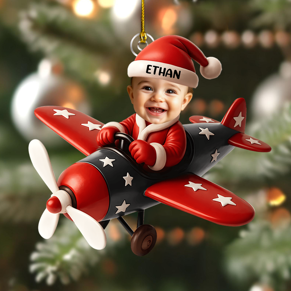 Personalized Baby Pilot Ornament 2025 – Custom Photo & Name Airplane Ornament, Baby’s First Christmas Gift Ornament