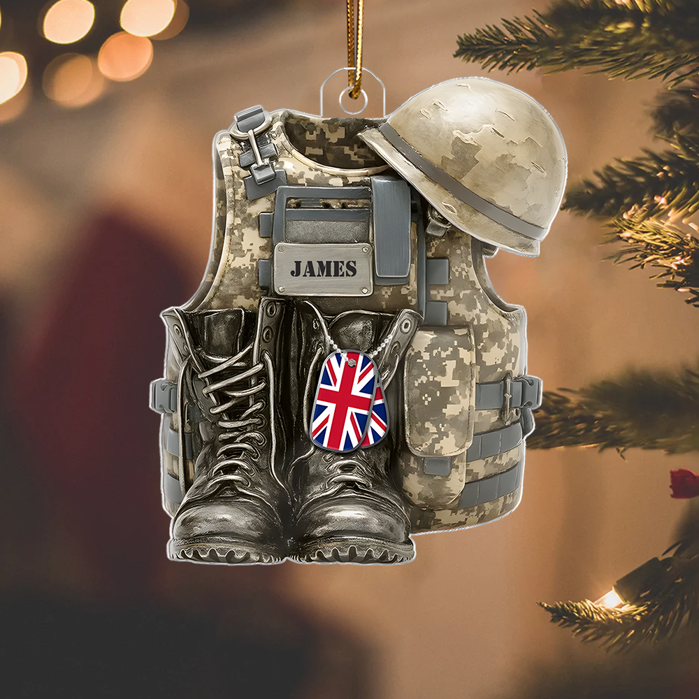 Personalized Military Ornament 2025 – Custom Name Army Vest and Helmet Christmas Ornament, Gift for Soldiers & Veterans Ornament
