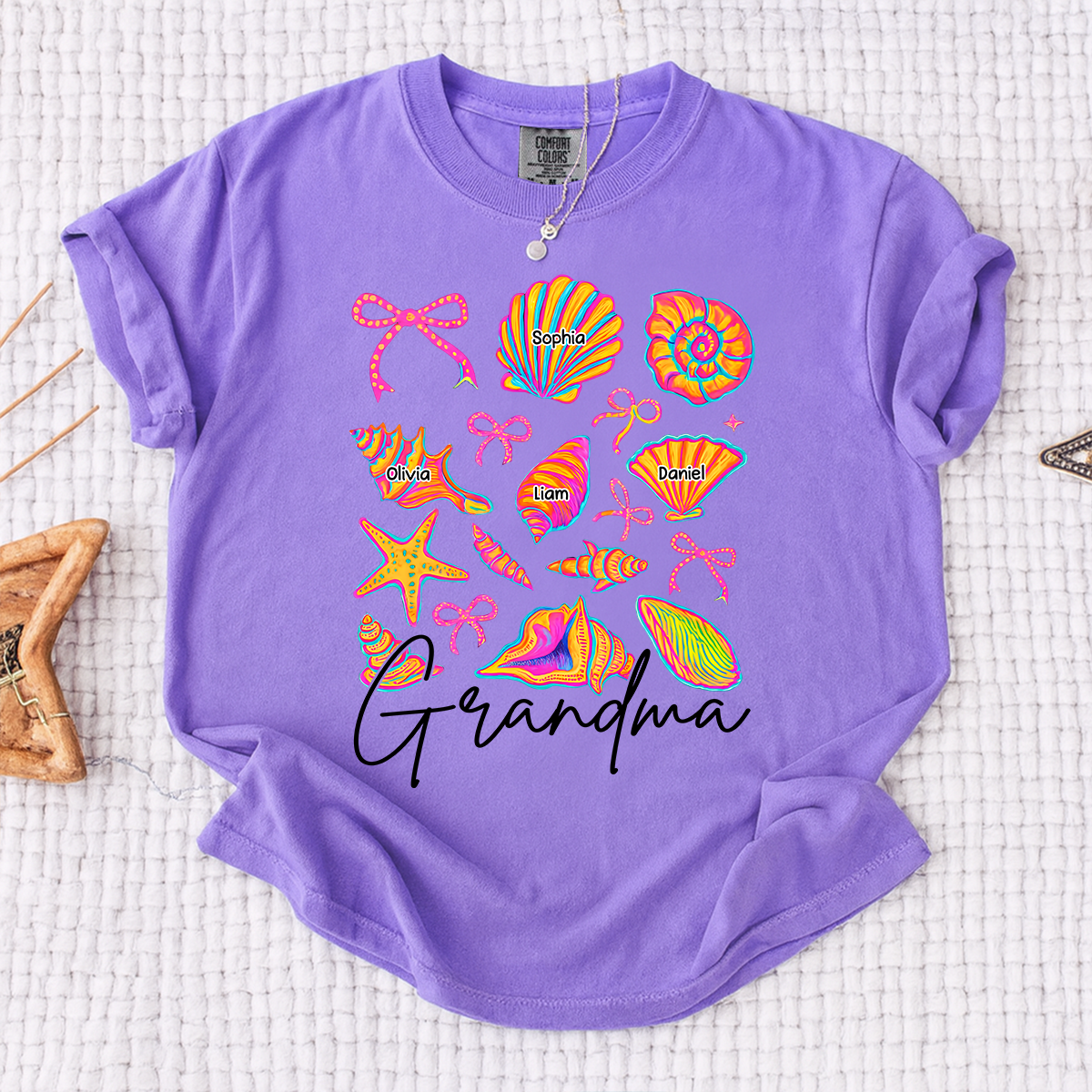Comfort Colors Personalized Grandma Shirt with Grandkids Names, Custom Beach Seashell Grandma Tee, Coastal Summer Family Gift for Grandmother