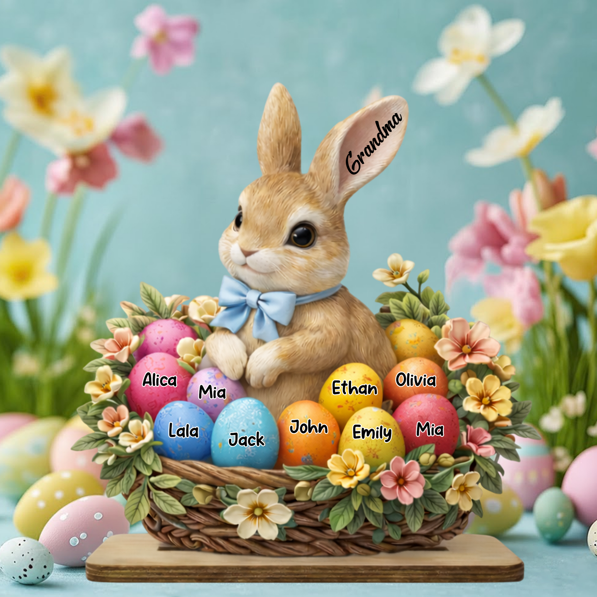 Personalized Easter Bunny Basket Wooden Plaque - Custom Grandkids' Names, "Grandma" Easter Decor with Floral and Egg Design
