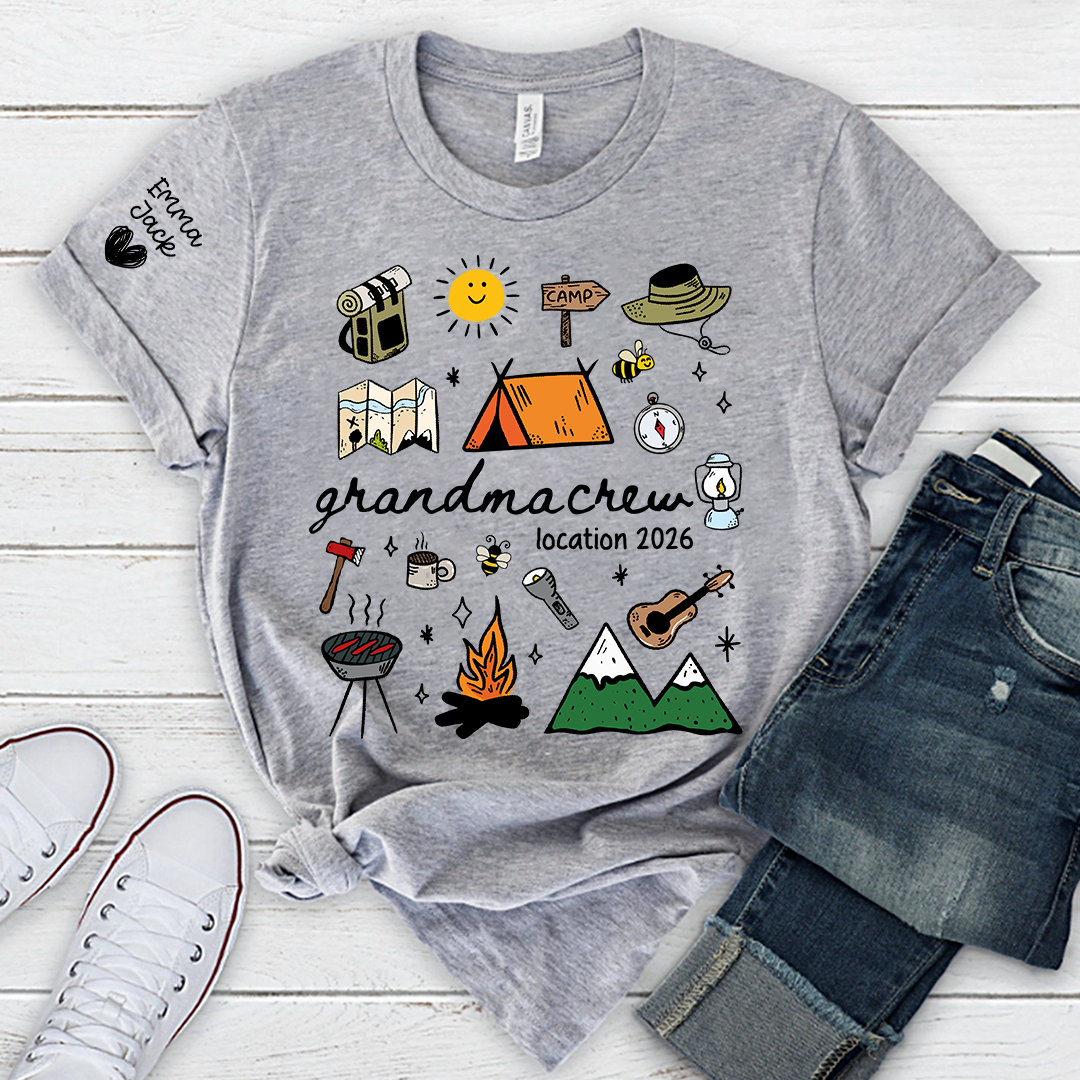 Custom Grandma Crew Camping T Shirt, Personalized Family Names Sleeve Design, Outdoor Adventure Tee for Grandma, Camp Lover Gift