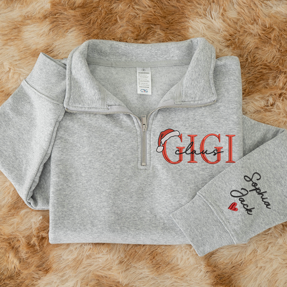 Personalized Christmas Gigi Claus Zip Embroidered Sweatshirt – Custom Grandma Gift With Grandkids Names
