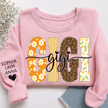 Gigi Fall Grandma Sweatshirt – Custom Name Sleeve and Retro Plaid Floral Letter Design