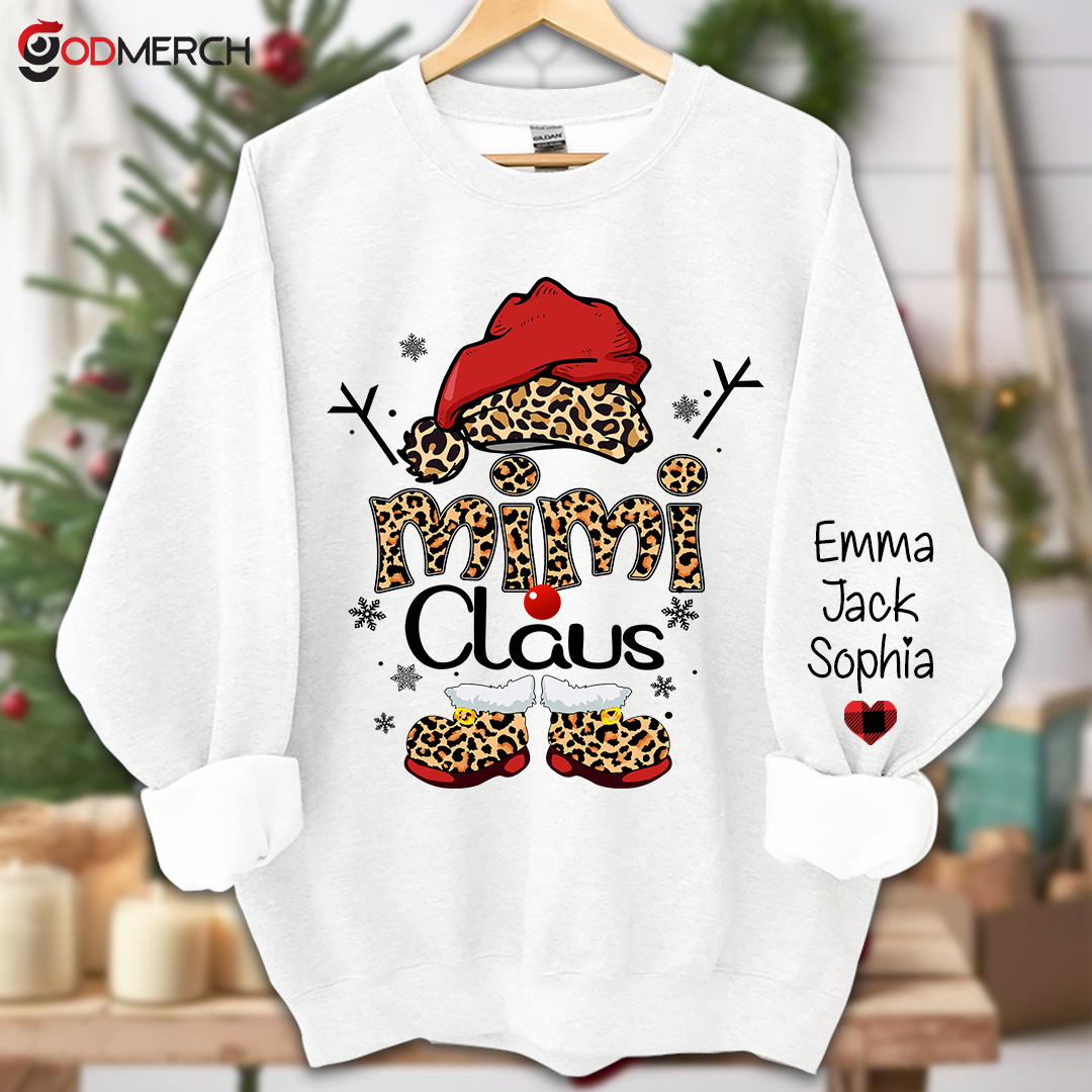 Mimi Claus Leopard Christmas, Christmas Grandma Nana Mimi Claus Shirt Custom Name