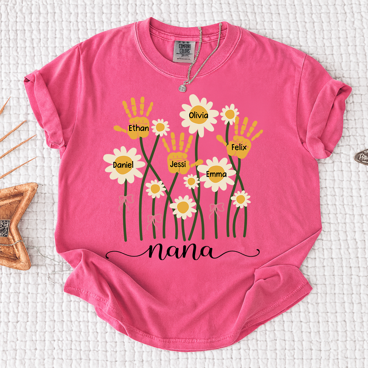 Comfort Colors Personalized Nana Shirt, Custom Handprint Daisy Flower Design, Grandkids Names Tee, Mother's Day Gift for Nana