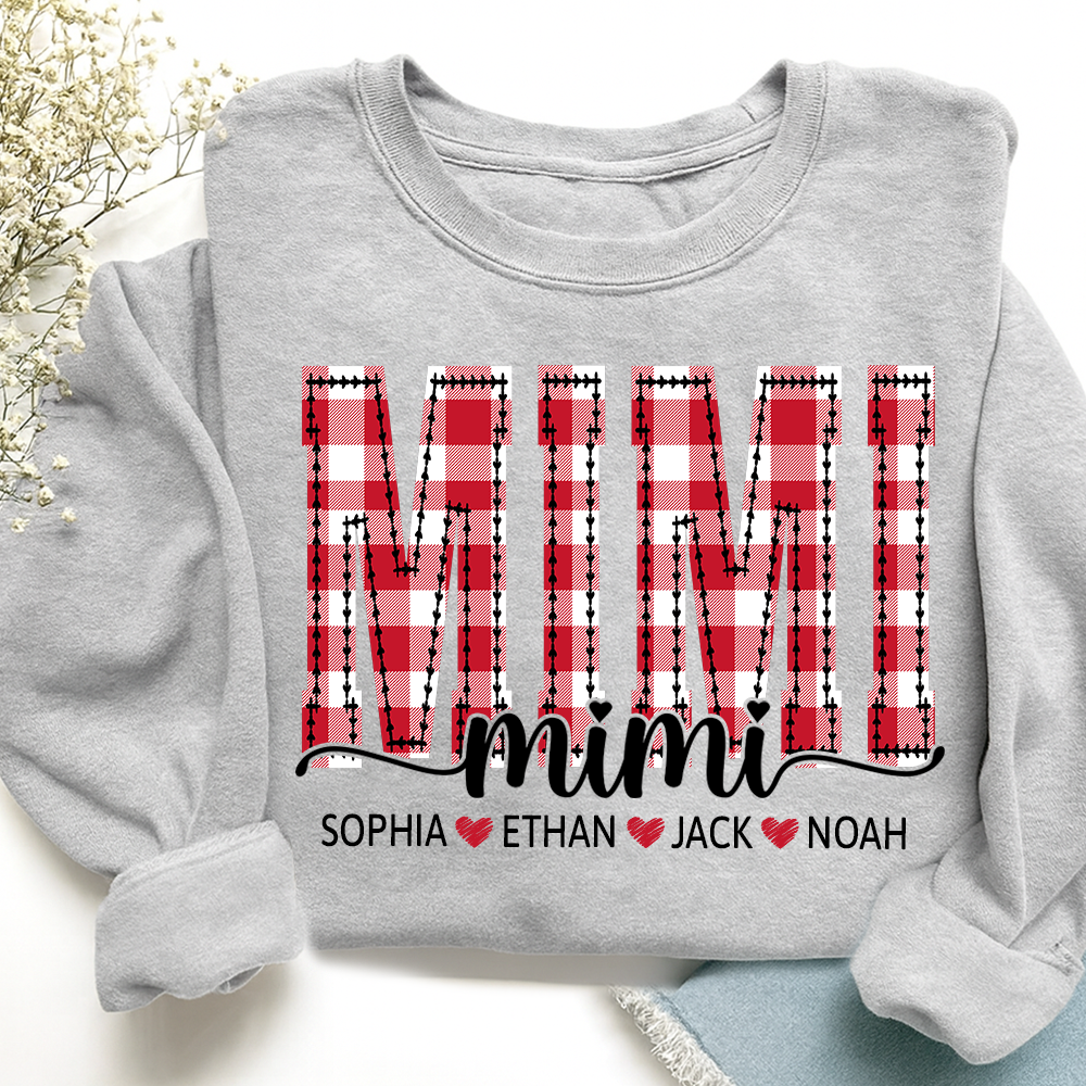 Custom Mimi Sweatshirt, Plaid Christmas Grandma Shirt with Kids Names