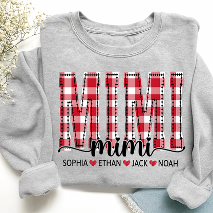 Custom Mimi Sweatshirt, Plaid Christmas Grandma Shirt with Kids Names