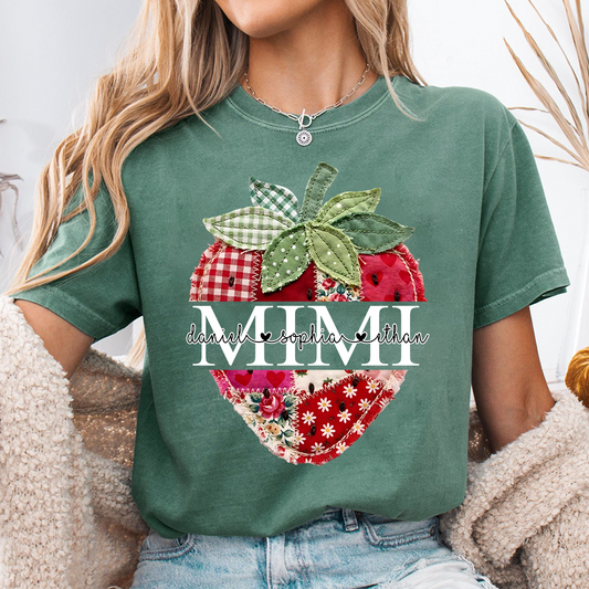 Personalized Mimi Shirt with Kids Names, Vintage Strawberry Patchwork Design Tee, Cute Grandma Gift for Summer