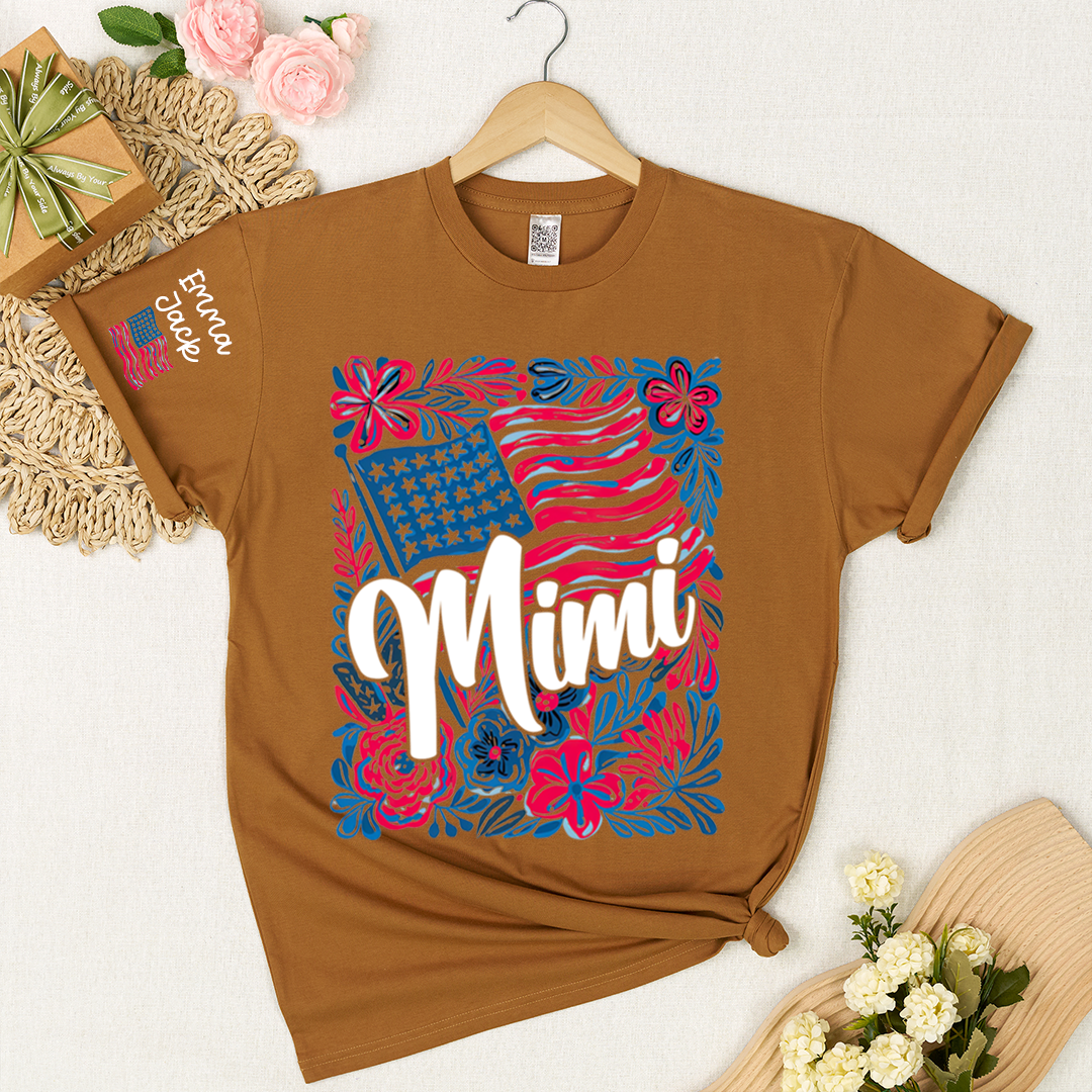 Mimi American Flag Floral Shirt, Custom Grandkids Names Family T Shirt