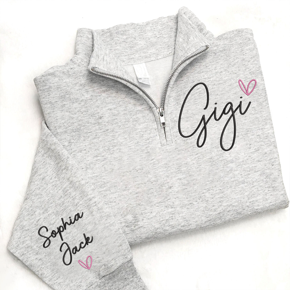 Personalized Gigi Quarter Zip Sweatshirt – Custom Embroidered Gift For Grandma Or Gigi With Grandkids Names