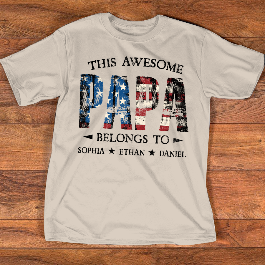Custom This Awesome PAPA T Shirt, Personalized with Kids Names, Unique American Flag Design for Father's Day