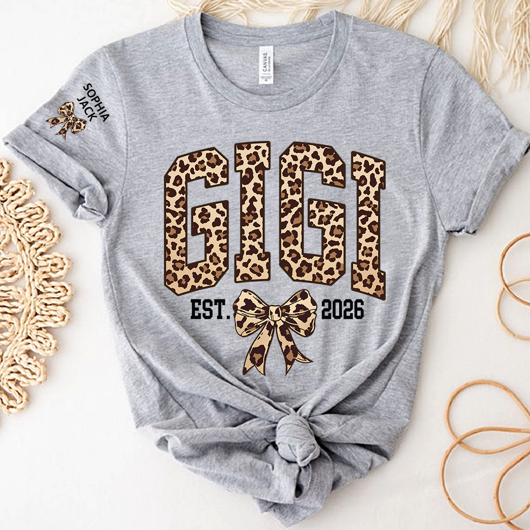 Custom Leopard Gigi, Personalized Heart T-shirt For Grandma And Kids