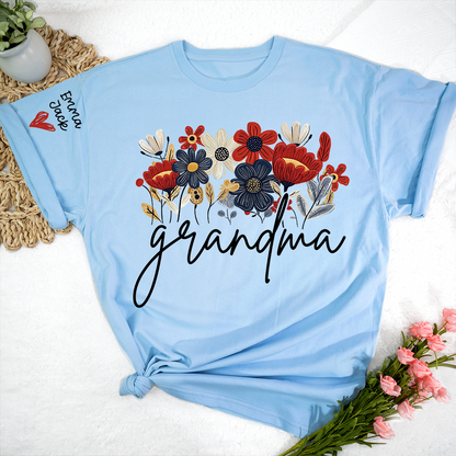 Personalized Grandma Floral Shirt with Custom Grandkids Names, Colorful Flower Design