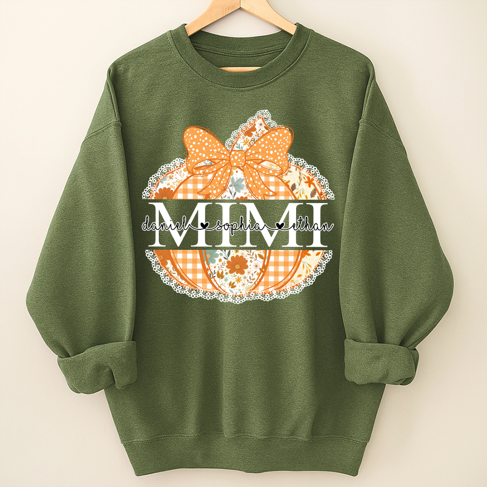 Personalized Mimi Pumpkin Shirt with Grandkids Names, Custom Fall Sweatshirt, Floral Pumpkin Grandma Gift, Thanksgiving Apparel