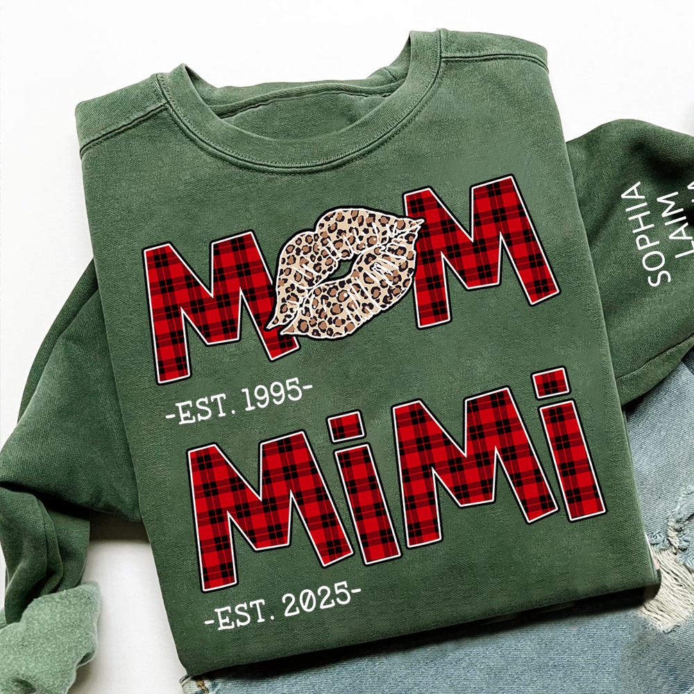 Personalized Mom Mimi Sweatshirt, Custom Leopard Lips Plaid Letters