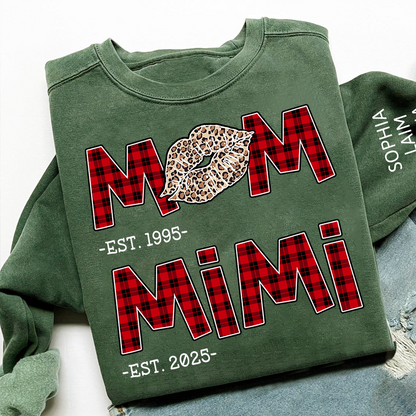 Personalized Mom Mimi Sweatshirt, Custom Leopard Lips Plaid Letters