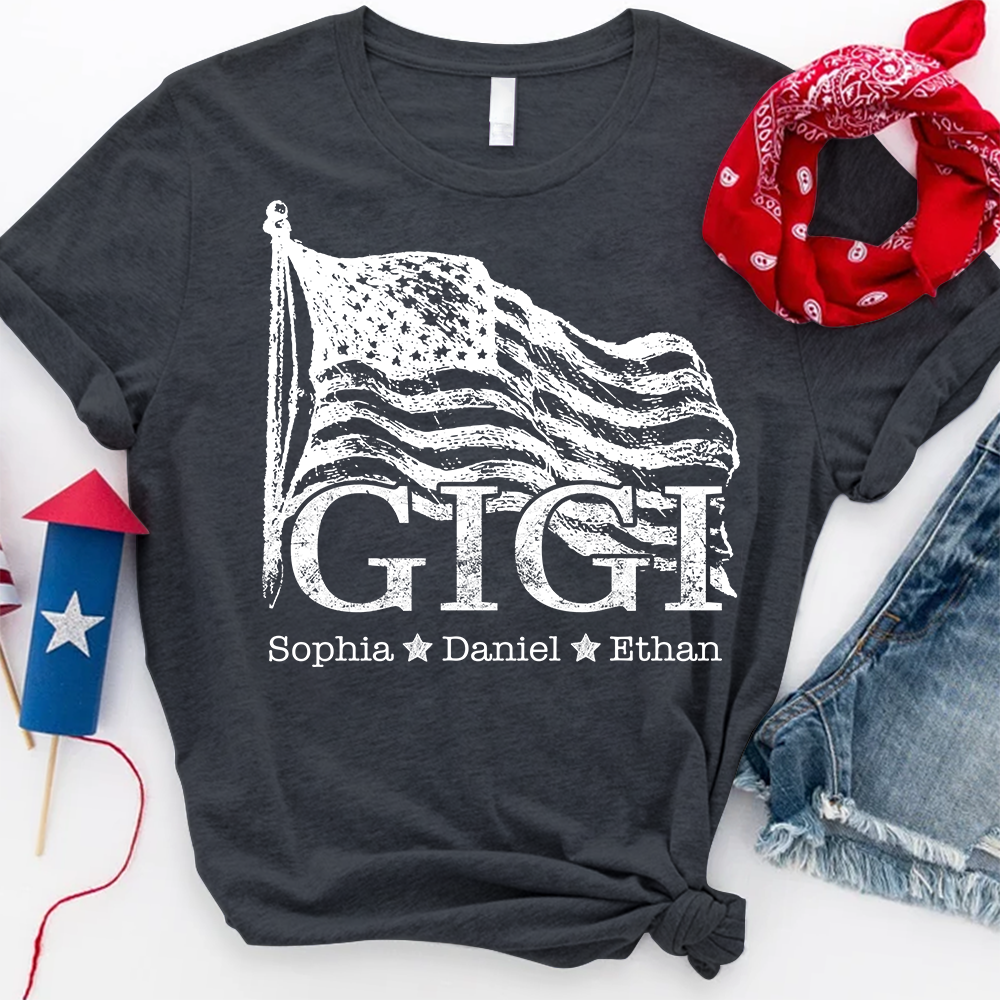 Gigi USA Flag T shirt, Personalized with Kids' Names, Custom Family Shirt for 4th of July