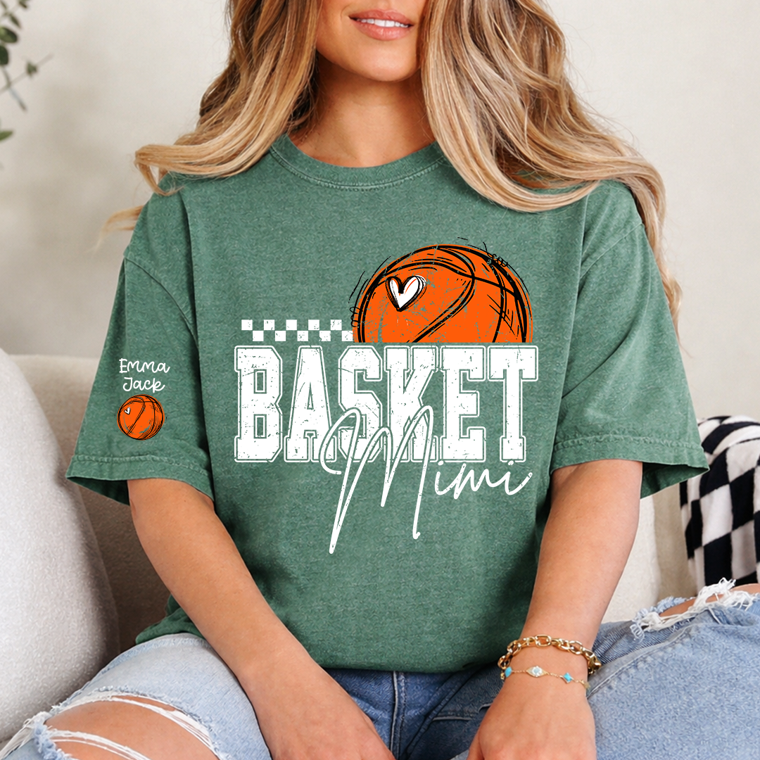 Custom Basketball Mimi Shirt, Personalized Family Tee with Grandchildren Names and Basketball Graphic