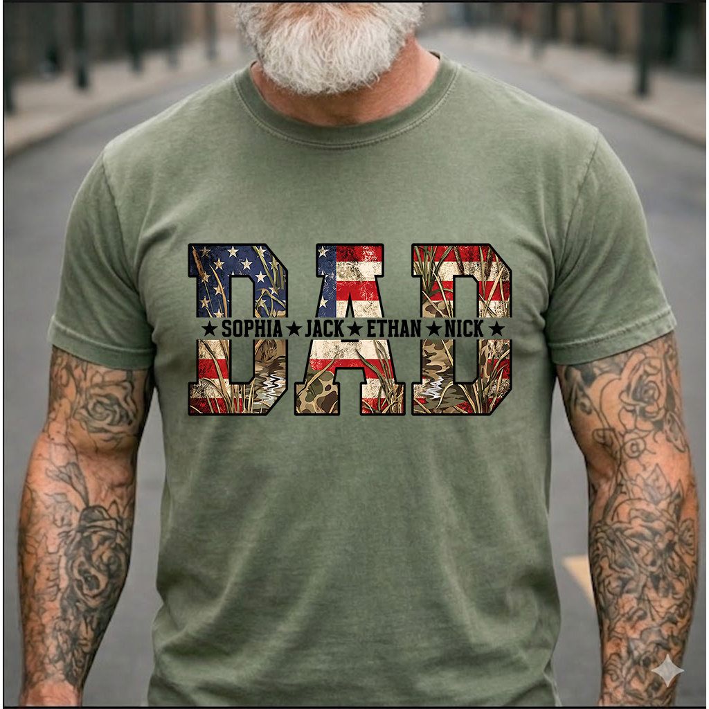 Personalized Dad T-Shirt – Custom KidNames Patriotic USA Gift for Daddy Papa