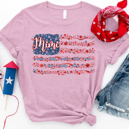 Mimi Floral American Flag Shirt, Custom Grandkids Name Tee, Patriotic Grandma Gift for Nana Mimi Great Grandma