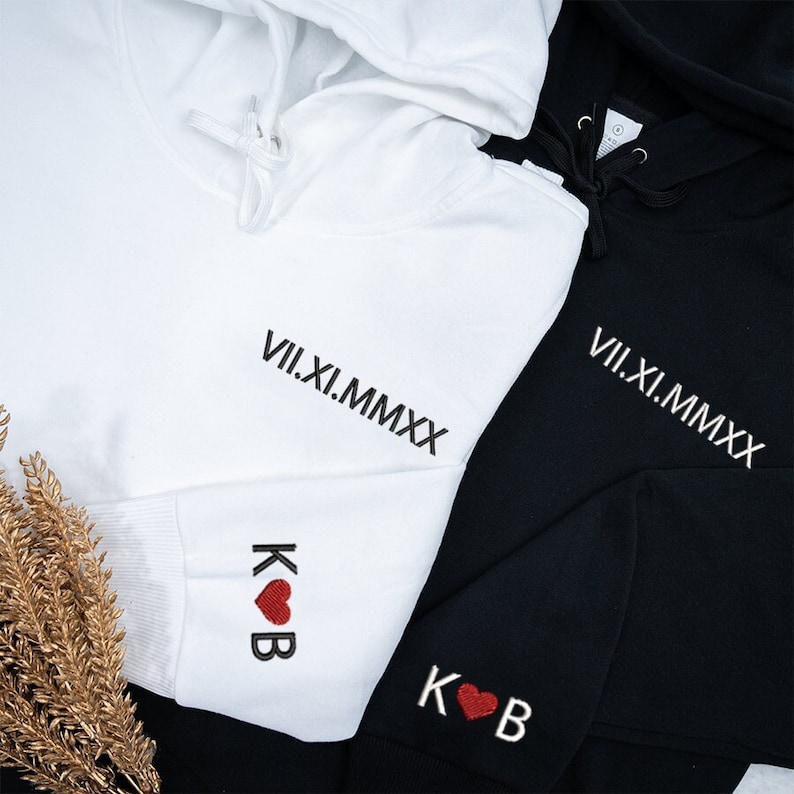 Custom Embroidered Roman Numeral Hoodie, Couple Embroidered Sweatshirt Initials on Sleeve, Couples Gifts, Anniversary Gift For Him For Her