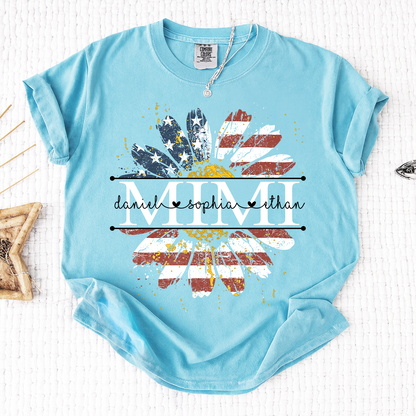 Comfort Mimi Daisy Shirt With American Flag Print, Custom Name, Floral Design, Personalized Family t-shirt