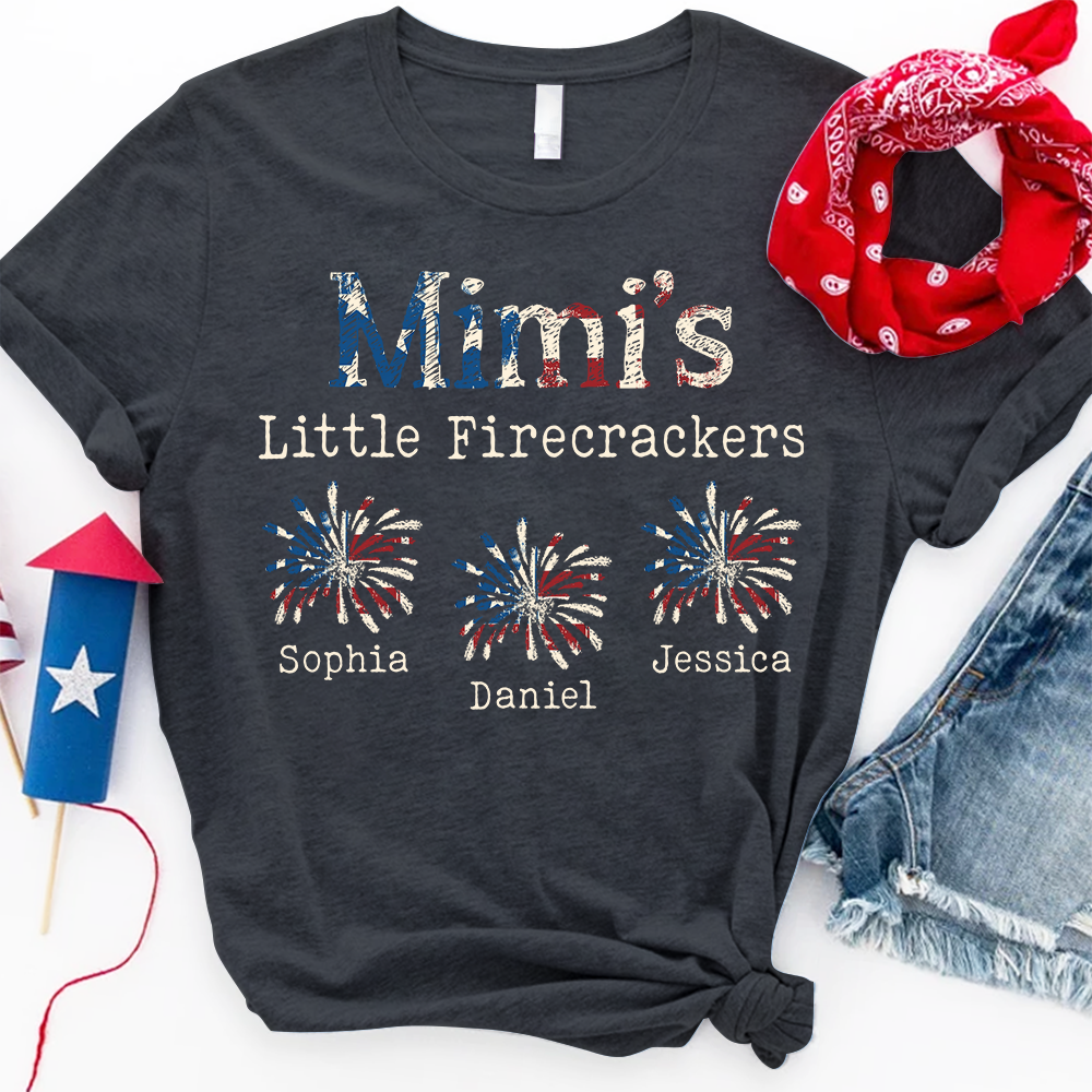 Personalized Mimi's Little Firecrackers Shirt with Kids Names, Custom Patriotic Family Tee, 4th of July Grandma Shirt for Women
