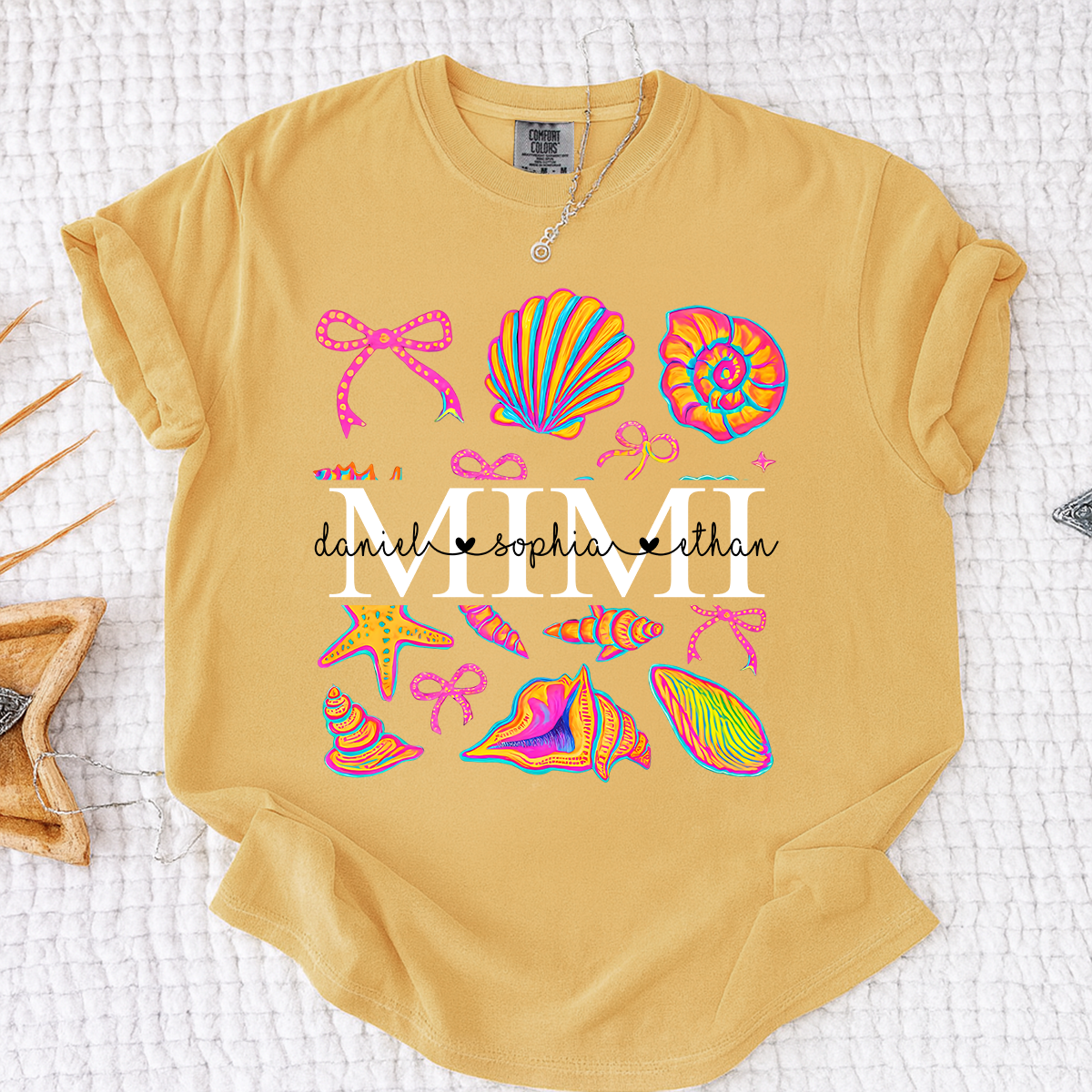 Comfort Colors Personalized Mimi Shirt with Names, Vibrant Seashell Beach Design Tee, Summer Family Gathering Outfit for Women