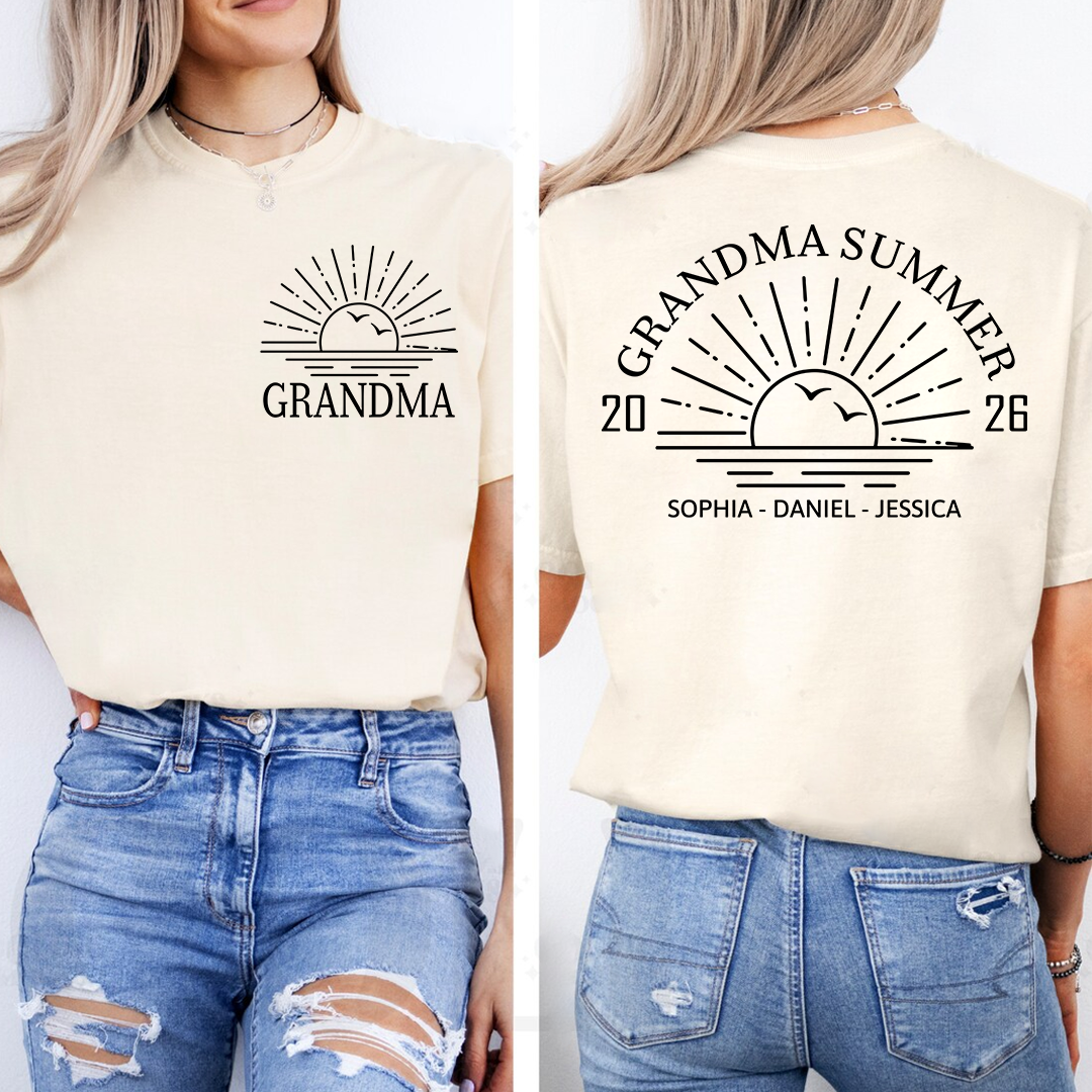 Custom Grandma Shirt with Grandchildren Names, Grandma Summer 2026 Beach Graphic Tee, Personalized Family Vacation Apparel