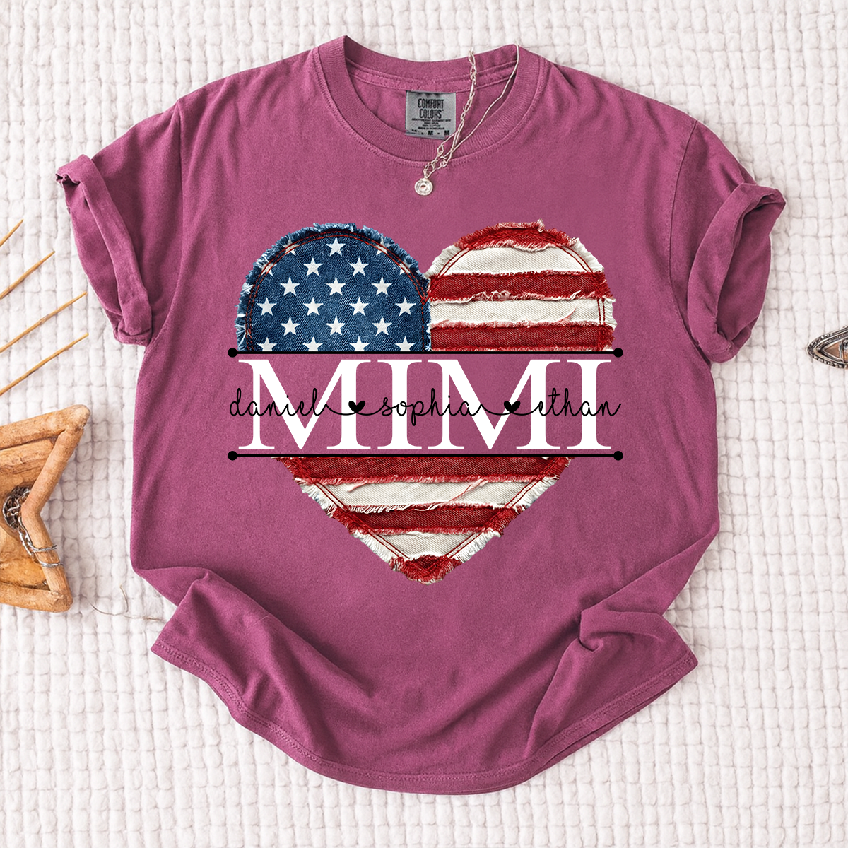Comfort Colors Mimi Shirt with USA Flag Heart, Personalized with Kids Names, Custom Grandmother T Shirt, Ideal for Mother's Day, Patriotic Gift