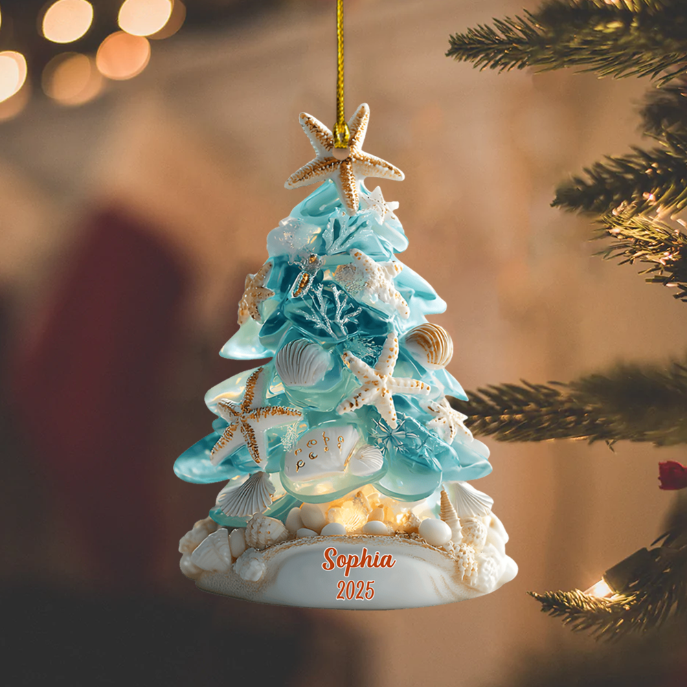 Personalized Beach Christmas Tree Ornament 2025 – Custom Name Coastal Seashell Holiday Decoration Ornament