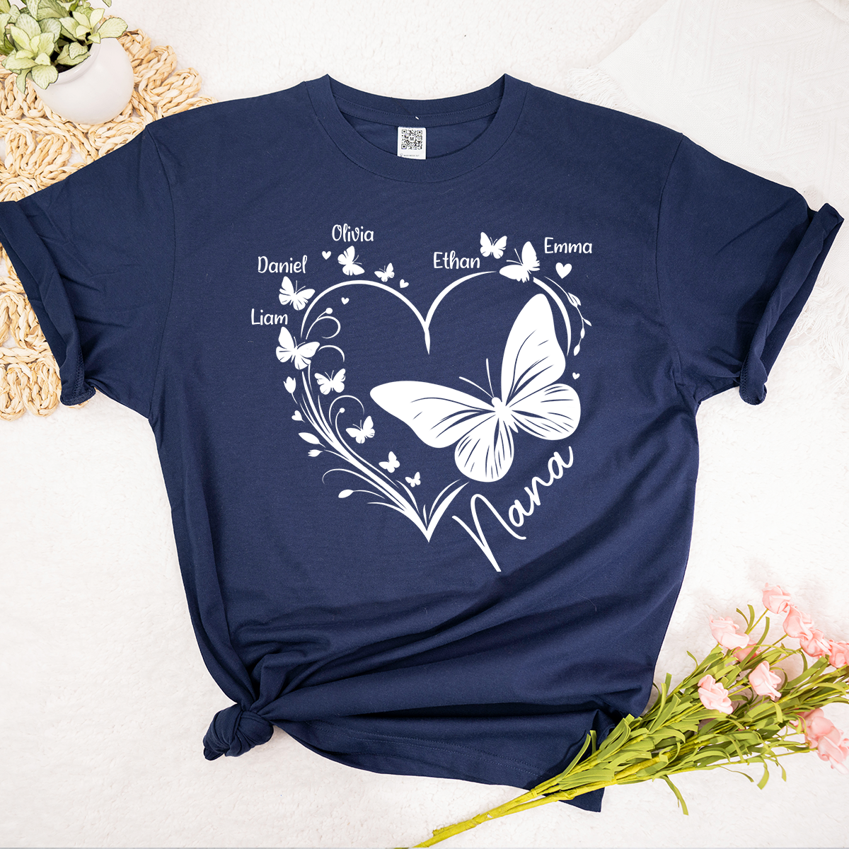 Nana Butterfly Heart Shirt with Kids Names, Personalized Nana Grandma T-Shirt Gift for Her