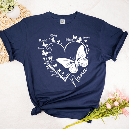 Nana Butterfly Heart Shirt with Kids Names, Personalized Nana Grandma T-Shirt Gift for Her