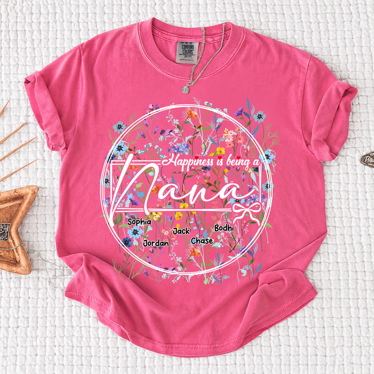Comfort Colors® Happiness is Being a Nana - Personalized Floral Shirt with Kids’ Names, Ideal Gift for Nana